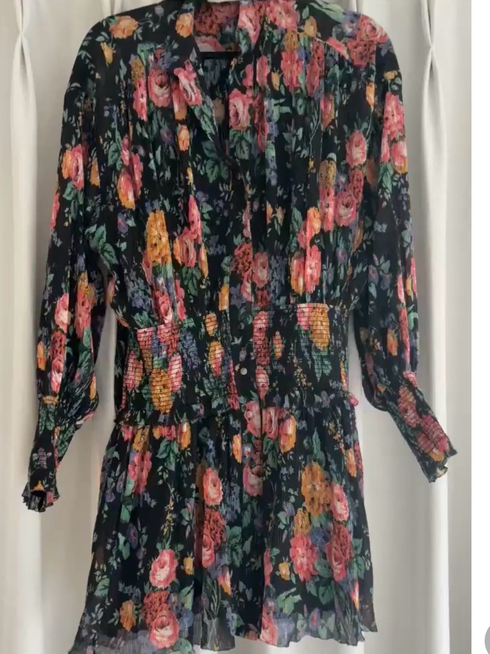 Zimmerman Floral Smocked Waist Long Sleeve Mini Dress - Black with Pink & Yellow